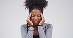 Headache, pain and black woman in studio upset with tension, pressure and brain fog on white background. Mockup space, health risk and person massage with frustrated, fatigue and stress for migraine
