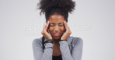 Buy stock photo Headache, pain and black woman in studio upset with tension, pressure and brain fog on white background. Mockup space, health risk and person massage with frustrated, fatigue and stress for migraine