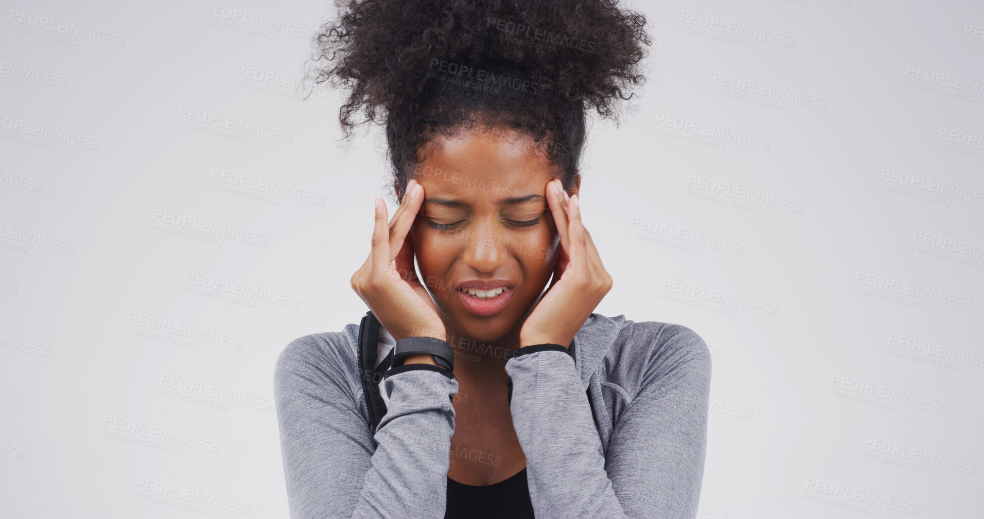 Buy stock photo Headache, pain and black woman in studio upset with tension, pressure and brain fog on white background. Mockup space, health risk and person massage with frustrated, fatigue and stress for migraine