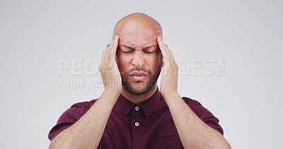 Buy stock photo Stress, headache and massage with man in studio for debt crisis, emergency and trading loss. Investment mistake, fear and credit rejection with frustrated person on white background space for risk