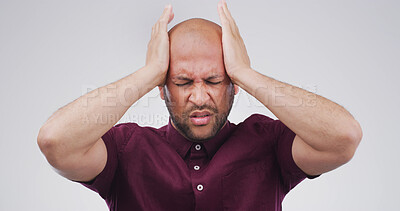 Buy stock photo Stress, headache and pain with man in studio for debt crisis, emergency and trading loss. Investment mistake, fear and credit rejection with frustrated person on white background for burnout risk