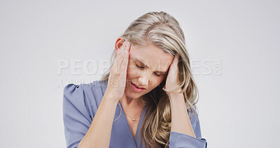 Buy stock photo Studio, thinking and woman with headache, stress or overwhelmed with workload, employee and anxiety. White background, publicist and person with migraine, contemplating and frustrated with burnout