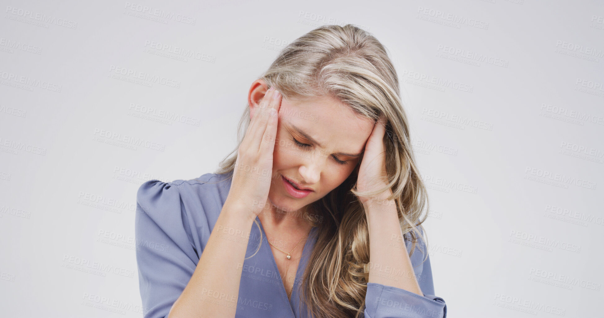 Buy stock photo Studio, thinking and woman with headache, stress or overwhelmed with workload, employee and anxiety. White background, publicist and person with migraine, contemplating and frustrated with burnout