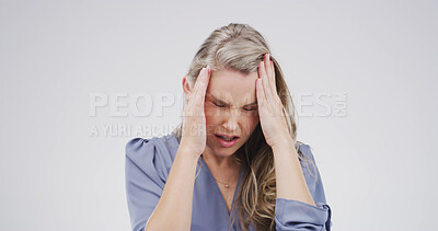 Buy stock photo Frustrated, employee and woman with headache, studio or overwhelmed with workload, thinking or pain. White background, stress and person with migraine, contemplating and publicist with burnout