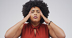 Migraine, pain and woman in studio with stress, pressure or tension on white background. Headache, sick and unhappy African person with anxiety for mental health challenge, tired or massage temples