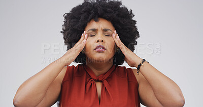 Buy stock photo Migraine, pain and woman in studio with stress, pressure or tension on white background. Headache, sick and unhappy African person with anxiety for mental health challenge, tired or massage temples