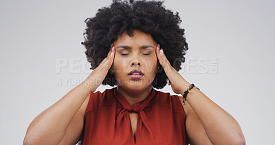 Buy stock photo Headache, pain and black woman in studio, anxiety and frustrated on white background. African person, mockup space and migraine with mental health, crisis and discomfort with brain fog and burnout