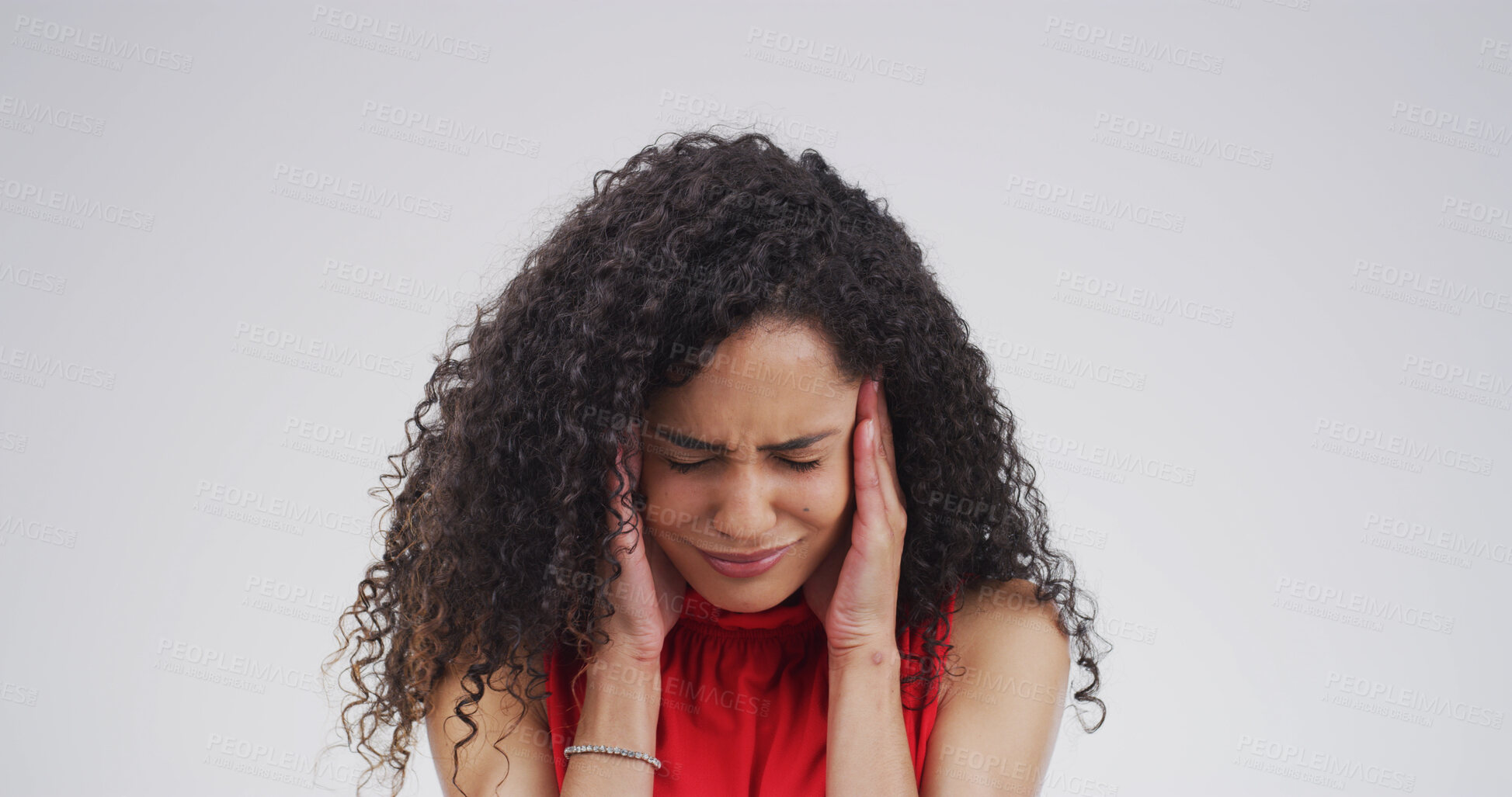 Buy stock photo Headache, pain and woman in studio, stress and hearing loss on white background. Person, mockup space and migraine with mental health, anxiety and discomfort with brain fog, noise and burnout