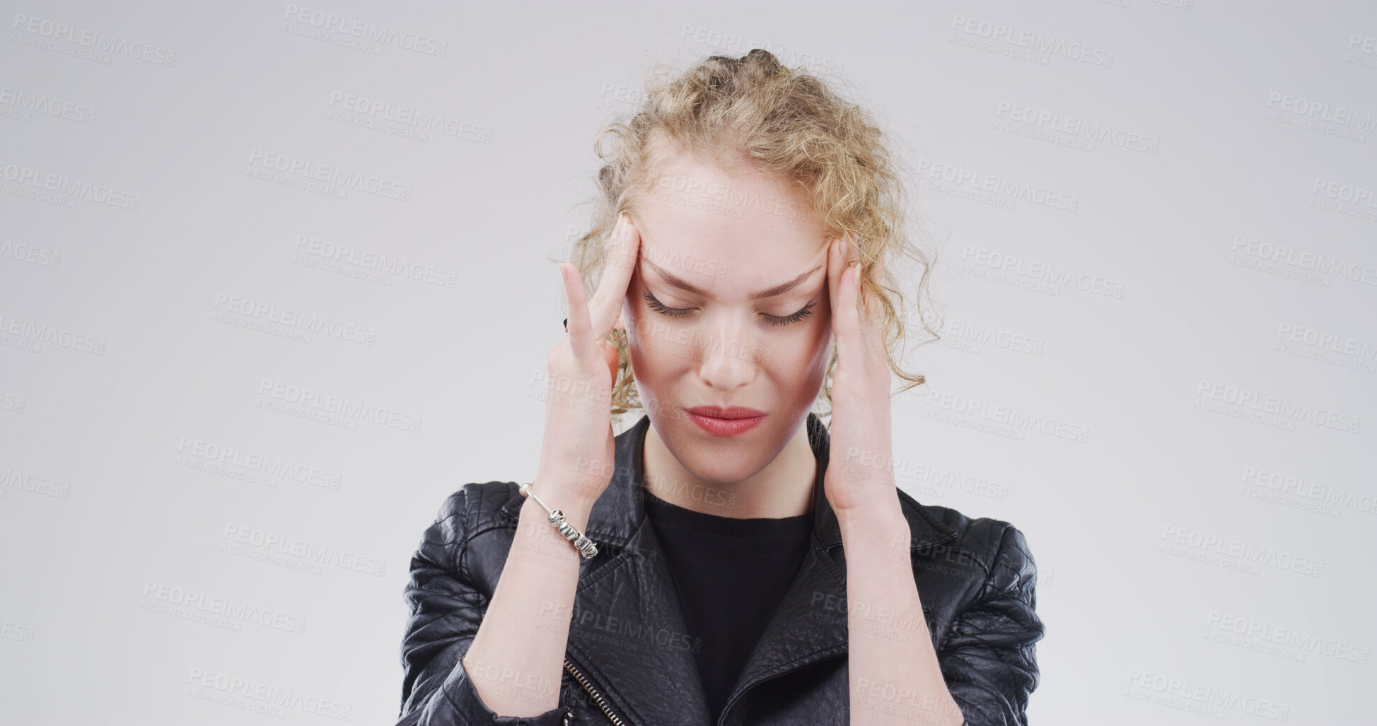 Buy stock photo Headache, stress and woman with pain in studio with tension, pressure and brain fog on white background. Mockup space, health and person massage with frustrated, fatigue and burnout for migraine