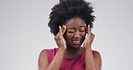 Risk, headache and pain with black woman in studio for debt crisis, emergency and trading loss. Investment mistake, fear and credit rejection with frustrated person on white background space
