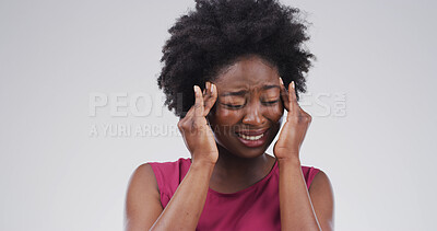 Buy stock photo Risk, headache and pain with black woman in studio for debt crisis, emergency and trading loss. Investment mistake, fear and credit rejection with frustrated person on white background space