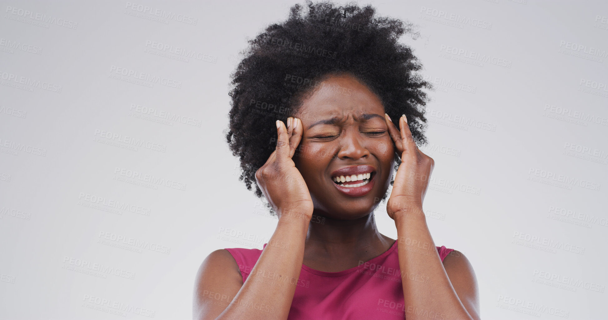 Buy stock photo Pain, pressure and woman with headache in studio from stress, hypertension and overwhelmed by ache. Mockup space, black person and migraine on white background with discomfort, dizziness or brain fog