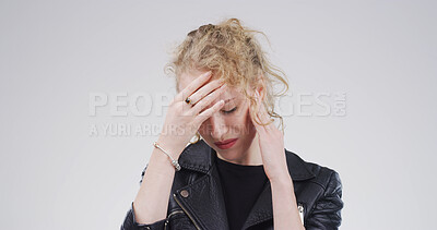 Buy stock photo Student, stress and girl with headache in studio for exam anxiety, workload fatigue and overwhelmed. Mockup, person and tension migraine on white background for study exhaustion and college loan debt