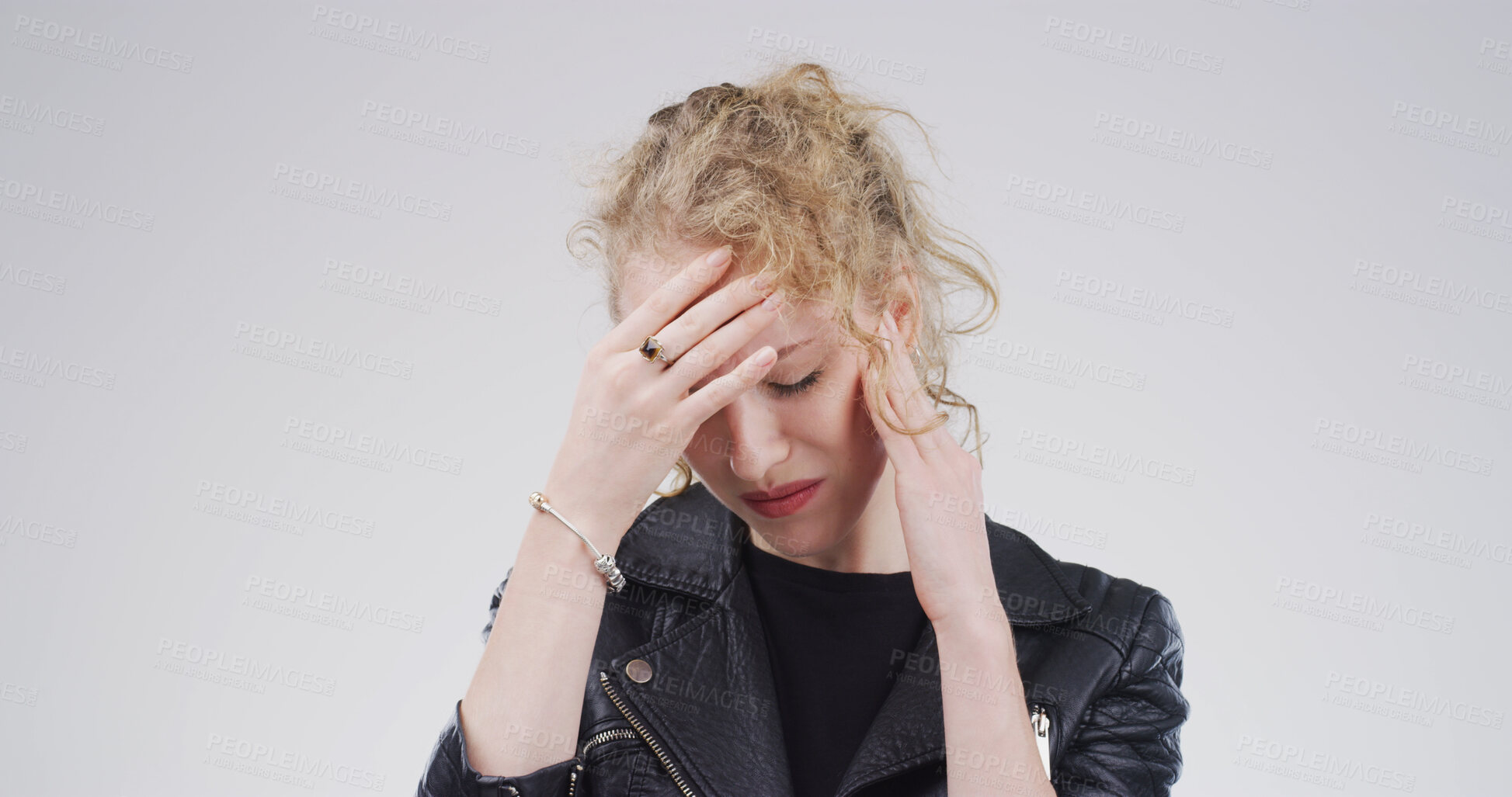 Buy stock photo Student, stress and girl with headache in studio for exam anxiety, workload fatigue and overwhelmed. Mockup, person and tension migraine on white background for study exhaustion and college loan debt