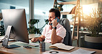 Phone call, computer and business man in office for virtual meeting, online discussion and communication. Professional, web designer and person on smartphone for conversation, talking and networking
