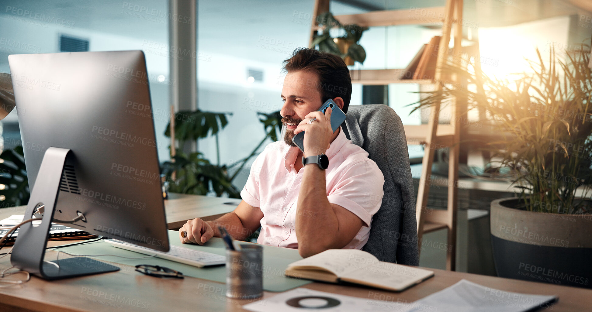 Buy stock photo Phone call, computer and business man in office for virtual meeting, online discussion and communication. Professional, web designer and person on smartphone for conversation, talking and networking