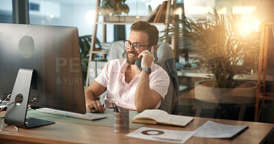 Buy stock photo Phone call, computer and businessman in office talking for virtual meeting, online discussion and communication. Client, web designer and person on smartphone for conversation, chat and networking