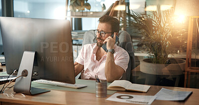 Buy stock photo Phone call, computer and man in office talking for virtual meeting, online discussion and communication. Creative business, web designer and person on smartphone for conversation, chat and networking