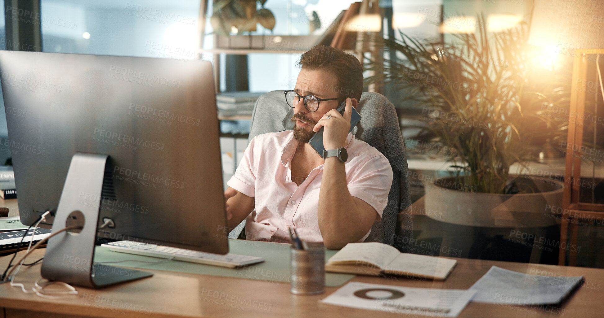 Buy stock photo Phone call, computer and man in office talking for virtual meeting, online discussion and communication. Creative business, web designer and person on smartphone for conversation, chat and networking