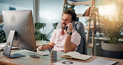 Buy stock photo Phone call, computer and happy man in office for virtual meeting, online discussion and communication. Creative business, web designer and person on smartphone for conversation, talking and chat