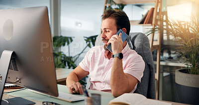 Buy stock photo Phone call, office and business man talking for connection, online consulting and communication. Creative agency, web designer and person on smartphone for conversation, discussion and networking