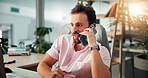Computer, phone call and planning with business man at desk for investment or portfolio management. Conversation, finance and update with stock market broker in workplace for strategy development