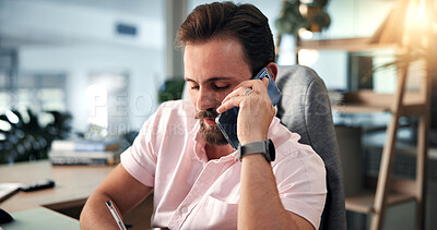 Buy stock photo Finance, phone call and writing with business man at desk for investment or portfolio management. Agenda, communication and notes with stock market broker in workplace for strategy development