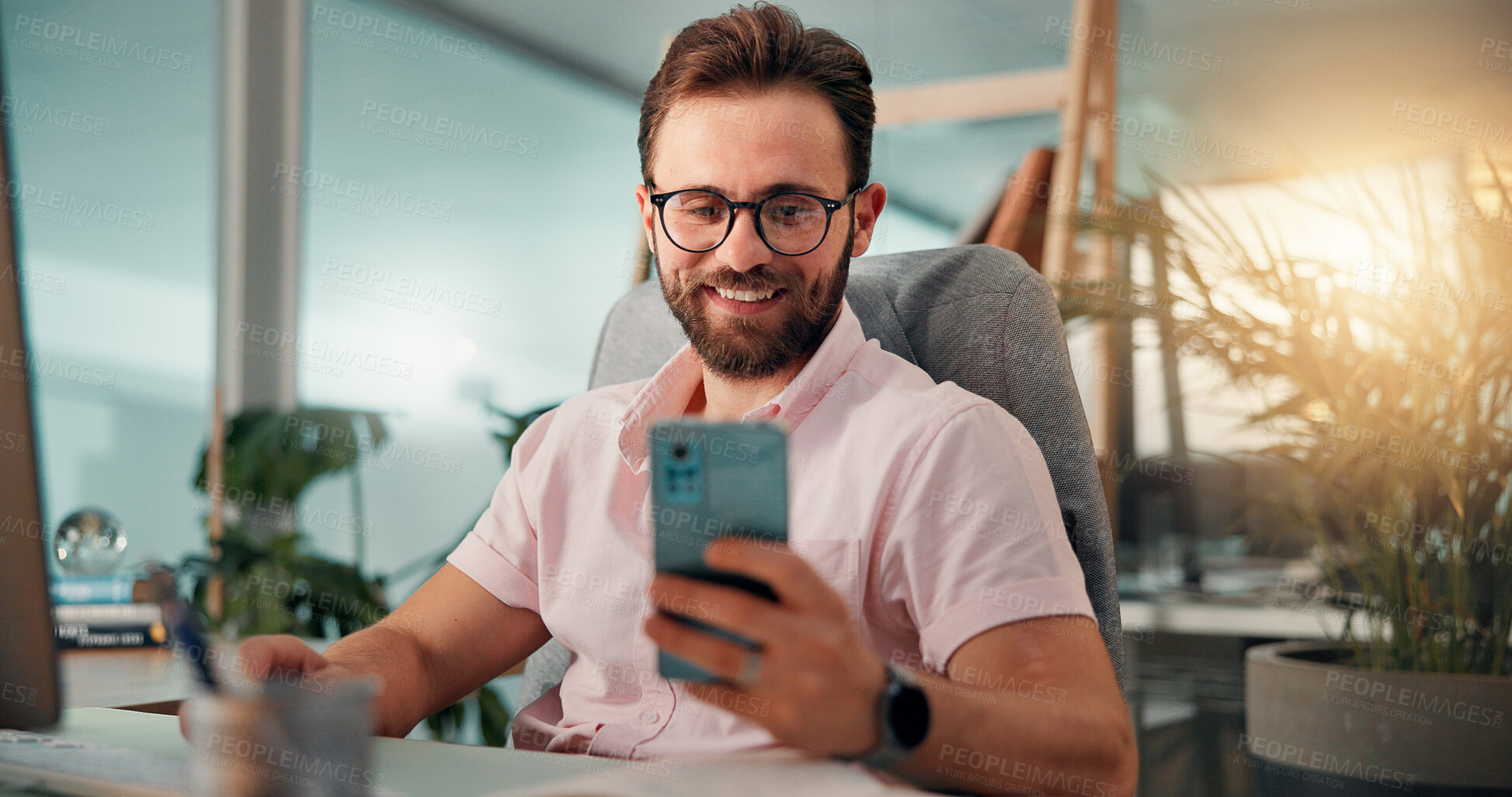 Buy stock photo Office, phone and smile with business man at desk for investment or portfolio management. Communication, finance and schedule with happy stock market broker at computer for strategy development