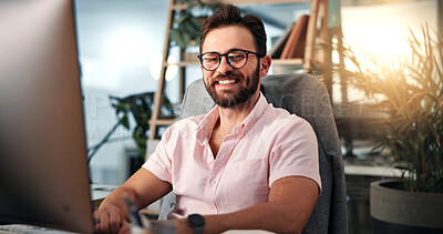 Buy stock photo Research, portrait or happy man on computer in office for online project, review or economy website. Glasses, financial consultant or accountant on technology for planning budget, report or business