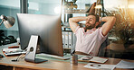 Businessman, relax or computer with rest for done, finished tasks or job completion at office desk. Man, employee or break with technology for productive day, performance or free time at workplace