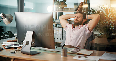 Buy stock photo Businessman, relax or computer with rest for done, finished tasks or job completion at office desk. Man, employee or break with technology for productive day, performance or free time at workplace