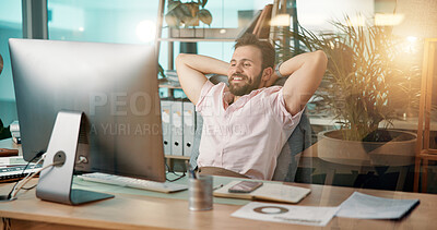 Buy stock photo Happy man, relax or computer with rest for done, finished tasks or job completion at office desk. Businessman, employee or break on technology for productivity, performance or free time at workplace