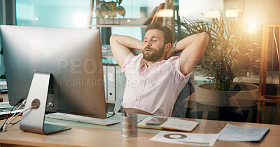 Buy stock photo Man, relax or computer with rest for done, finished tasks or job completion at office desk. Businessman, employee or break on technology for productive day, performance or free time at workplace
