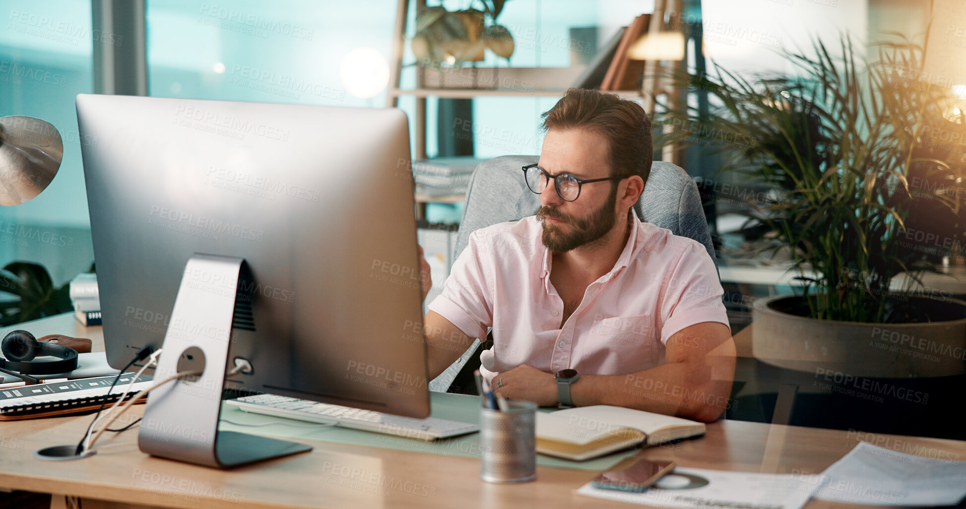 Buy stock photo Computer, planning and reading with business man at desk for investment or portfolio management. Finance, information and schedule with stock market broker in workplace for strategy development