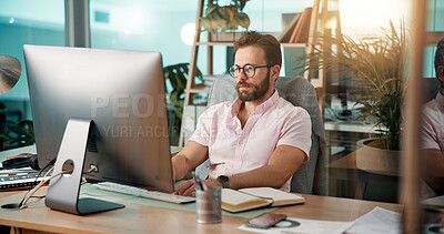 Buy stock photo Computer, planning and typing with business man at desk for investment or portfolio management. Agenda, finance and research with stock market broker in workplace for online strategy development
