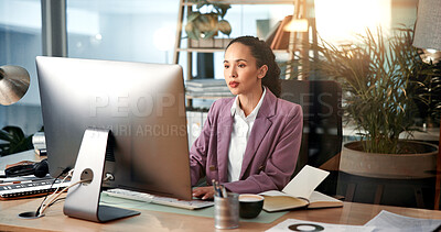 Buy stock photo Research, notebook or woman on computer in finance for online project, review or economy website. Working, financial consultant and accountant on digital tech for planning budget, report or business