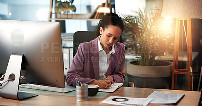 Buy stock photo Computer, planning and writing with business woman at desk for investment or portfolio management. Agenda, finance and notebook with stock market broker in workplace for strategy development