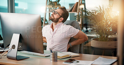 Buy stock photo Business, back pain and man in office, computer or stress with burnout, overworked or deadline. Person, employee or consultant in workplace, pc or joint injury with muscle tension, strain or pressure