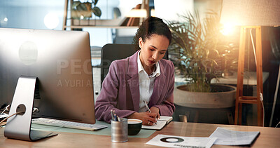 Buy stock photo Computer, finance and writing with business woman at desk for investment or portfolio management. Agenda, notebook and planning with stock market broker in workplace for strategy development