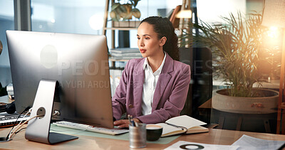 Buy stock photo Research, advisor or woman on computer in finance for online project, review or economy website. Employee, financial consultant and accountant on digital tech for planning budget, report or business