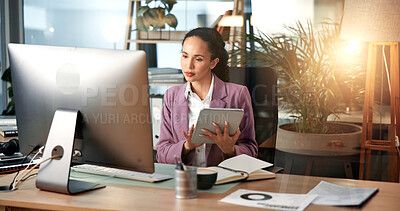 Buy stock photo Office, computer and business woman on tablet for online project, proposal and website research. Professional, financial consultant and person on digital tech for planning budget, report and email