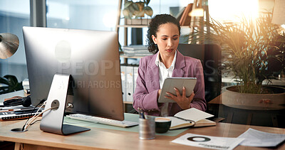 Buy stock photo Documents, computer and business woman on tablet for online project, proposal and website research. Office, financial consultant and person on digital tech for planning budget, report and internet