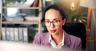 Buy stock photo Computer, information and reading with business woman at desk for investment or portfolio management. Agenda, finance and glasses with stock market broker in workplace for strategy development