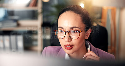 Buy stock photo Computer, finance and reading with business woman at desk for investment or portfolio management. Agenda, glasses and information with stock market broker in workplace for strategy development