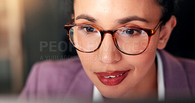 Buy stock photo Business, glasses or woman on computer reading for financial project, online review or economy website. News, finance consultant and accountant on technology for planning budget, report or company