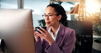 Buy stock photo Businesswoman, computer and coffee in office with glasses, morning routine and reading new email. Professional, reflection or mug in workplace for article review, research or journalist at technology