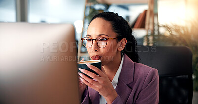 Buy stock photo Woman, business and drinking coffee at computer with glasses, morning routine and reading in office. Professional, reflection or mug in workplace for article review, email or journalist at technology