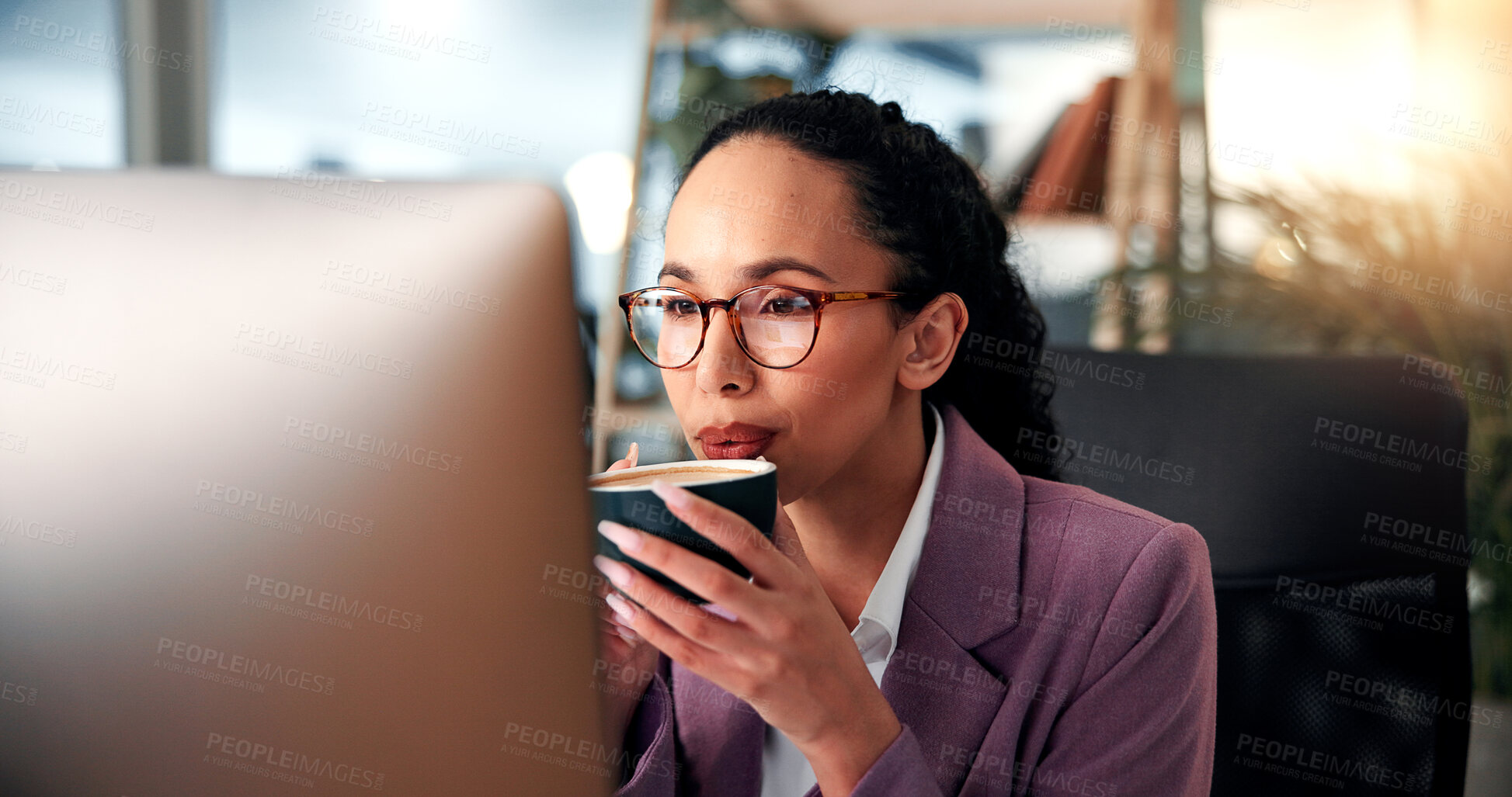 Buy stock photo Woman, business and drinking coffee at computer with glasses, morning routine and reading in office. Professional, reflection or mug in workplace for article review, email or journalist at technology