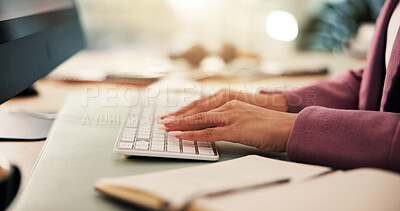 Buy stock photo Hands, business and woman in office, computer keyboard or research for article. Closeup, person or journalist in workplace, pc or website info for editing with news report, email feedback or deadline