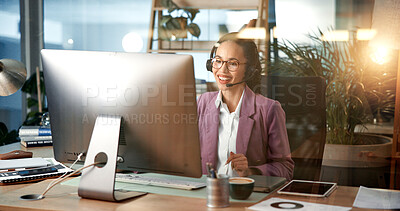 Buy stock photo Business woman, computer and agent with headset for communication, online advice or help at office. Female person, consultant or employee talking with mic on technology for virtual assistance or CRM